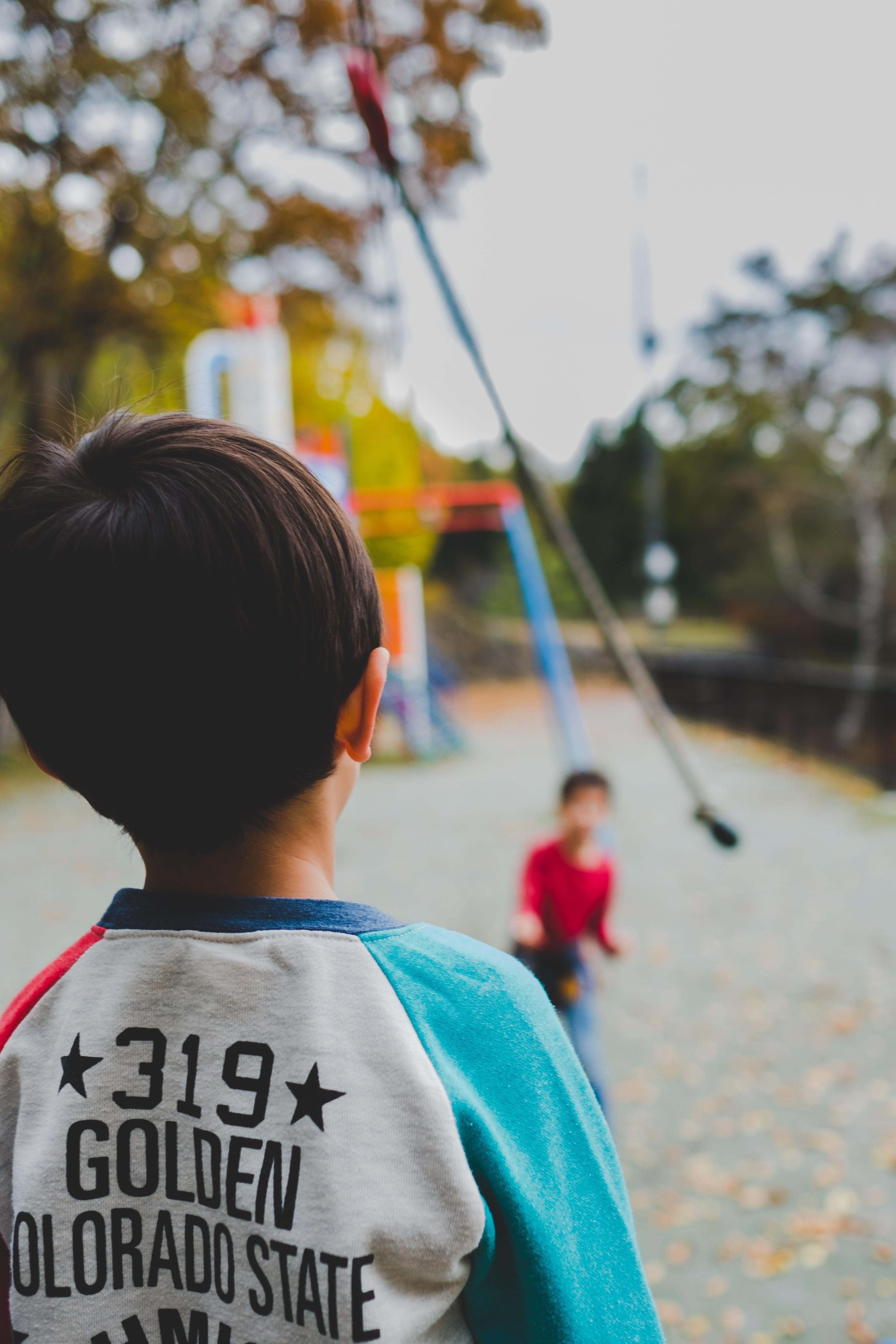 公園で遊ぶ少年の後ろ姿の写真